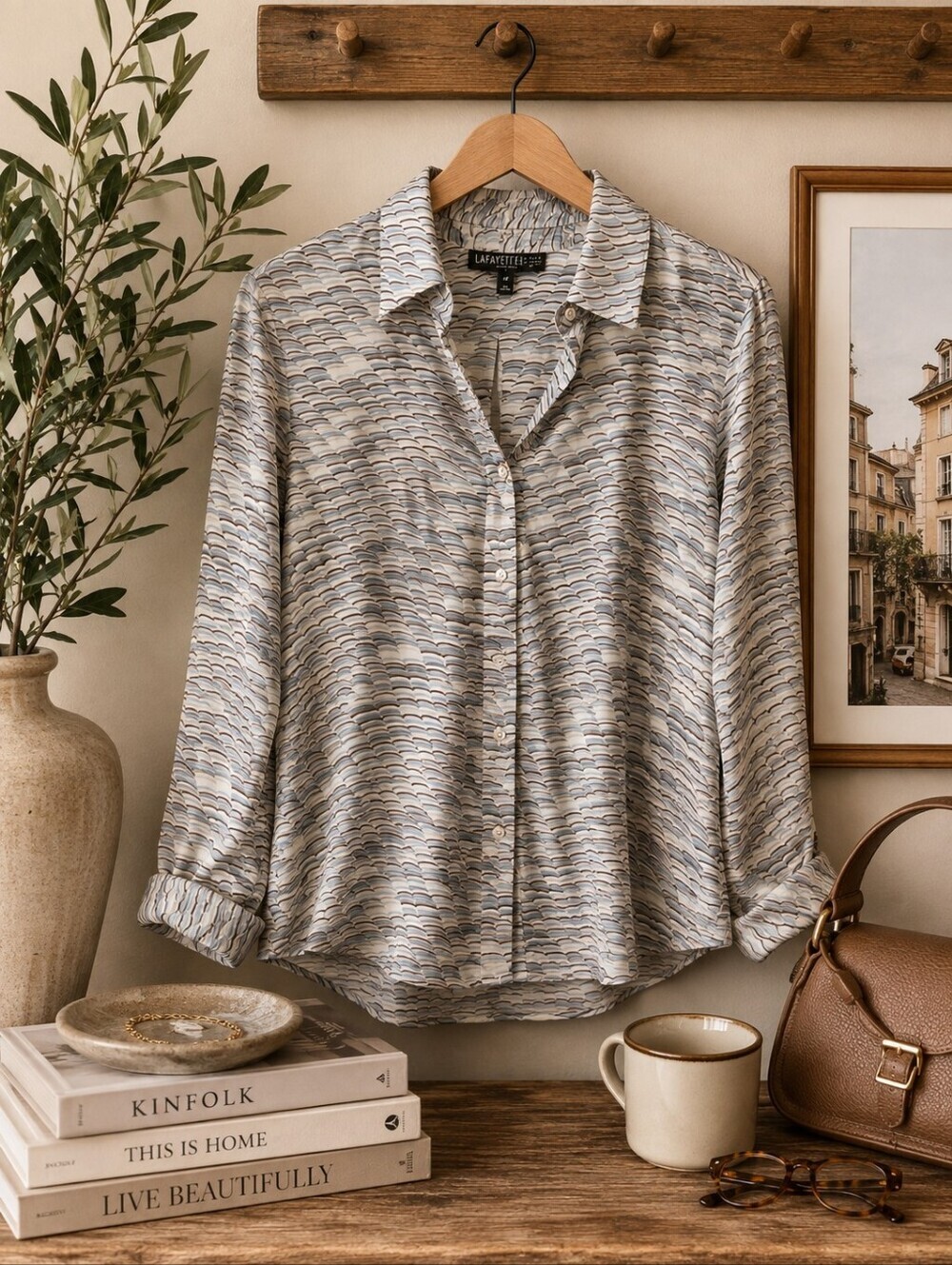 Lafayette 148 Petite Silk Wave Print Button-Up Blouse